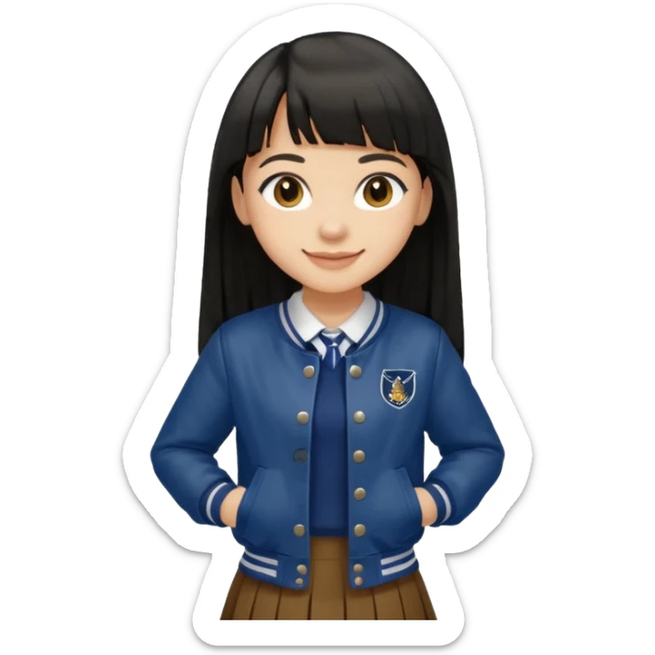 hair : black long hair with fringe 
skin : light 
cloth : brown varsity jacket + navy long long school girl skirt 


 sticker