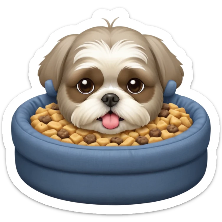 old ALL grey shih tzu in dog bed with bowl of food tongue hanging out sticker
