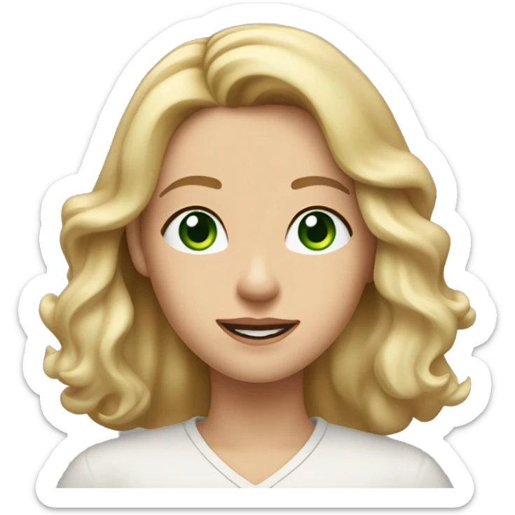A woman with shoulder-length, wavy blonde hair, green eyes, and fair skin. She is wearing a light-colored shirt and has a neutral to slightly smiling expression. She wears two earrings at the top of her right ear and one earring in each ear. sticker