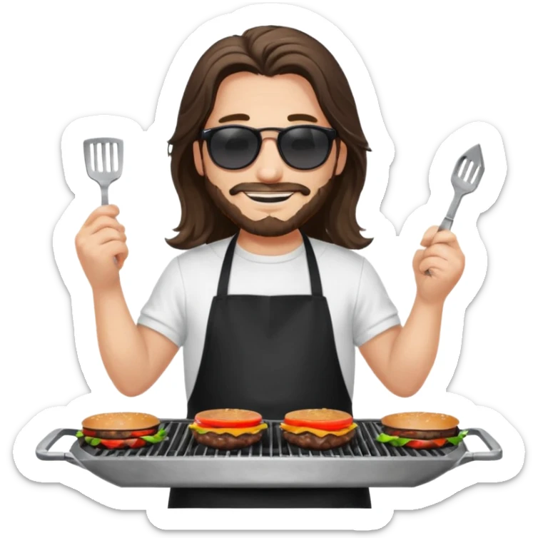 long hair man grilling wearing shade smiling in a white tshirt and a black apron grilling burger and meat on a sizzling grill sticker