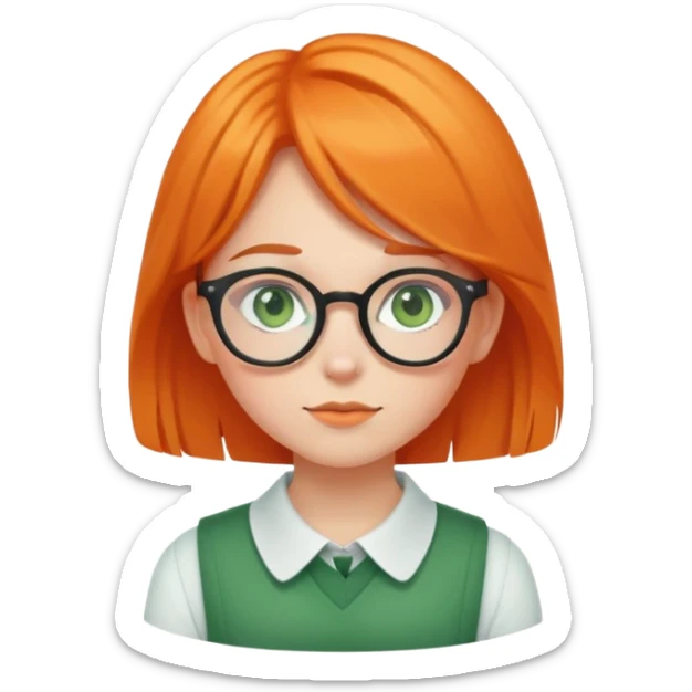 orange-haired shy nerd girl with round glasses and green eyes sticker
