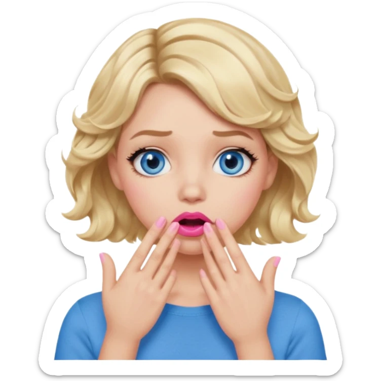 Girl Blonde short wavy hair,  blue eyes, cute blue top, long lashes, pink lips, shocked, hand over the mouth sticker