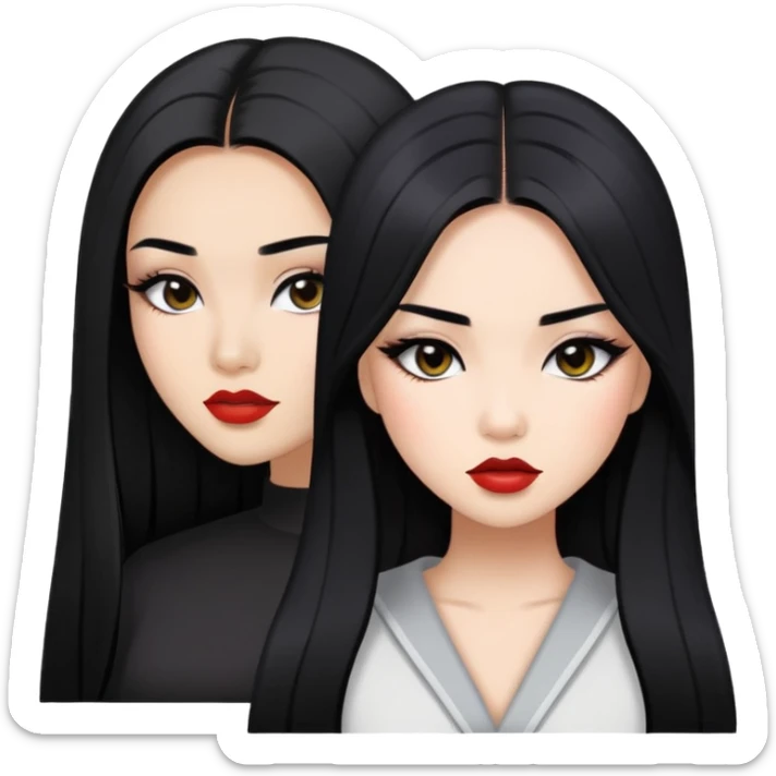 baddie with Asian and Latina features, long straight black hair, makeup, white skin sticker