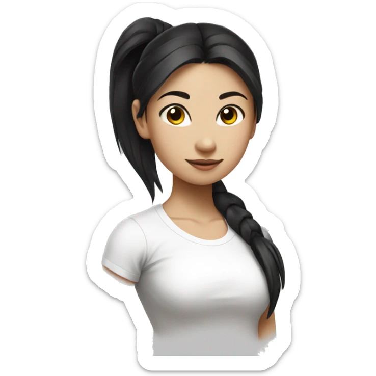 A asian girl with black pony tail white tee shirt yoga sticker