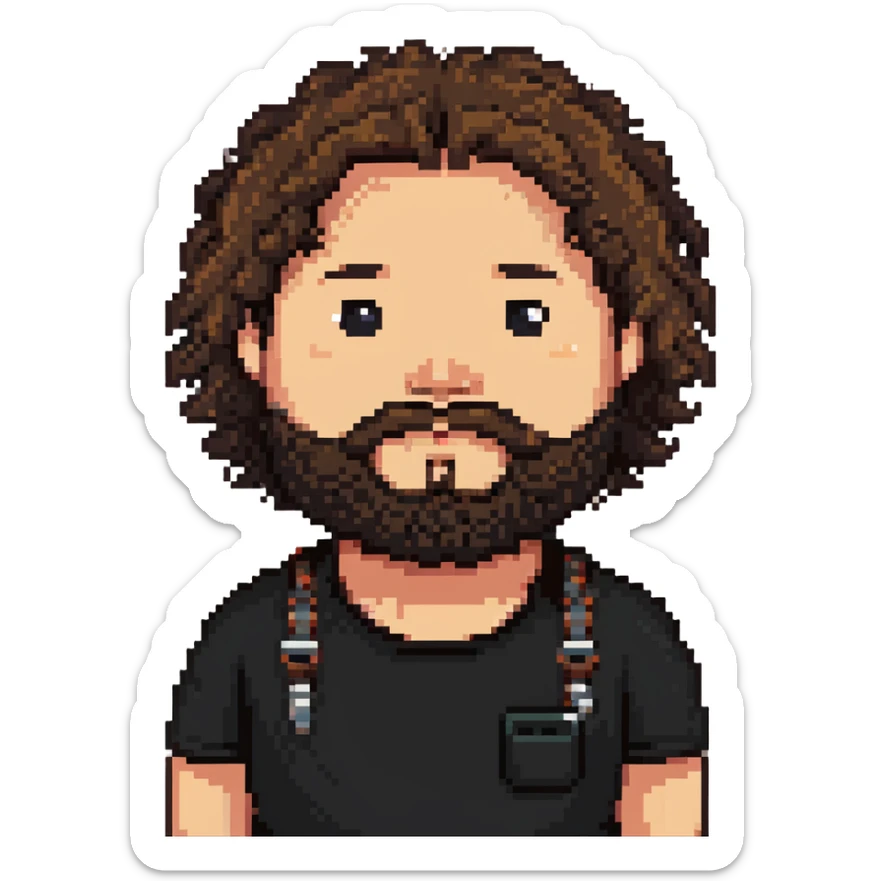 tan guy with mid-length brown and black curly hair like LaMelo Ball, beard, chubby build sticker