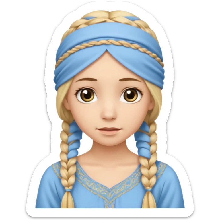 
mujer, Joven, de aspecto dulce y elegante.
Piel clara, ojos grandes y expresivos, sonrisa triste.
Rubio o castaño claro, largo, con trenzas o velo.
Vestido largo de tonos suaves (blanco, azul o lavanda), con bordados dorados; toca fina cubriendo la cabeza
 sticker