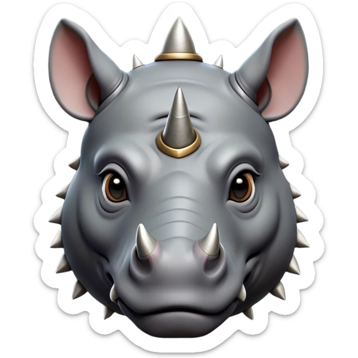 Cinematic Noble Rhinoceros Portrait Emoji, Poised and regal, with a massive, powerful build and a thick, armored hide of slate gray, deep-set soulful piercing eyes, Simplified yet sharp and sophisticated features, highly detailed, glowing with a soft, dignified glow, high shine, intelligent and formidable, stylized with an air of ancient might, focused and attentive, soft glowing outline, capturing the essence of a watchful and commanding behemoth, so majestic it feels as though it could charge out of the screen with effortless authority! sticker