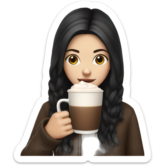 white girl with brown long black hair and a hot chocolate sticker