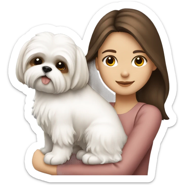 Girl Brunette  with brown long hair, hugging her white Shih tzu sticker