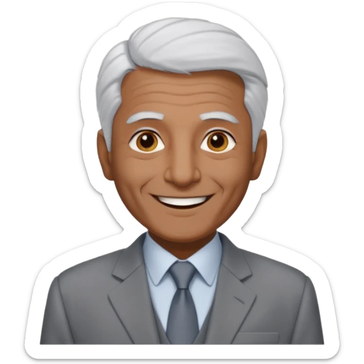 70 yr old man, very short spike white hair, pakistani, light grey business suit, big smile, dark skin, no facial hair, less hair
 sticker