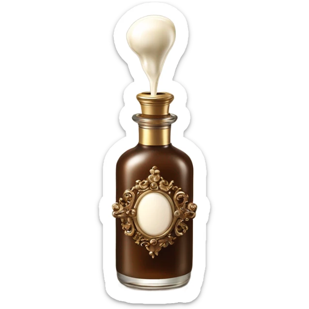 Antique parfumerie bottle with oil, made of bronze and brown crystals, white cream and coffee milk pour from the bottle sticker