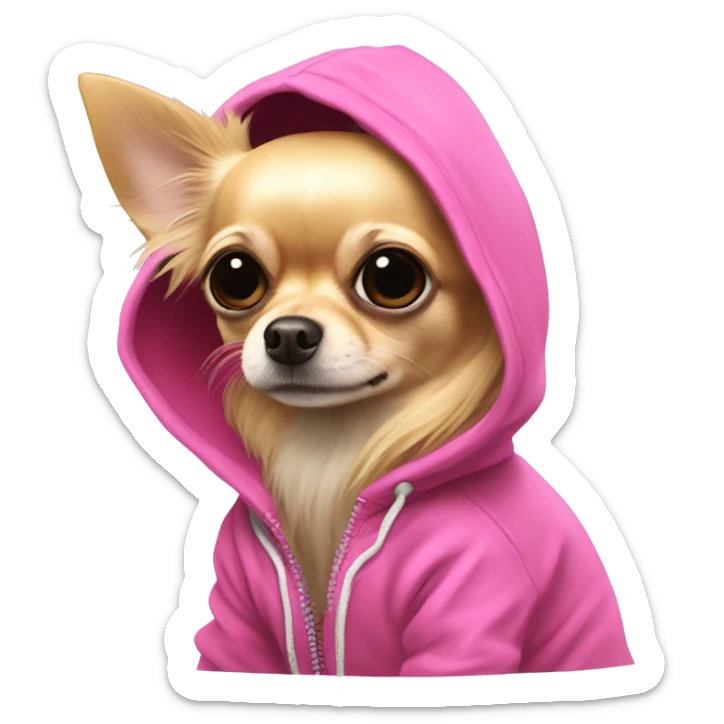   wirey fur long haired blonde chihuahua in a huge pink hoodie sticker
