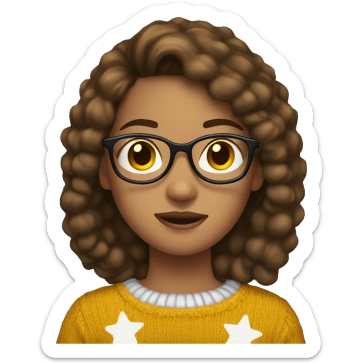 A girl brown hair glasses baggy jeans and a christmas sweater with a little yellow star between two eyebrows sticker