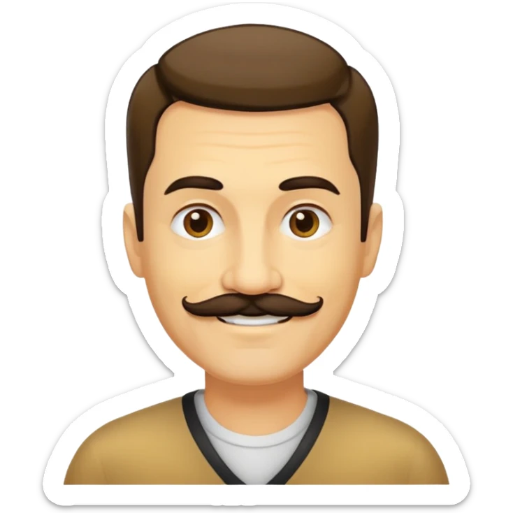 đàn ông 50 tuổi, da vàng, có ria mép màu đen, tóc undercut ngắn màu nâu, cười mỉm  sticker
