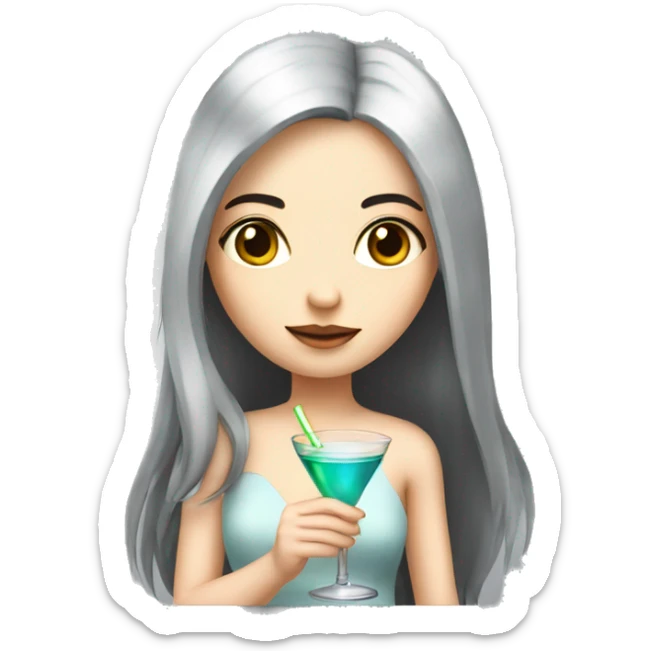Pale girl with long black hair with chest holding cocktail sticker