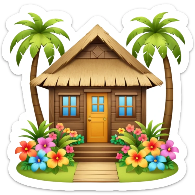 Hawaiian beach house, small tropical house, wooden walls, thatched roof, colorful flowers, palm trees, cute mobile game icon, 3D cartoon, bright colors, soft shadows, clean background, no text, no watermark sticker