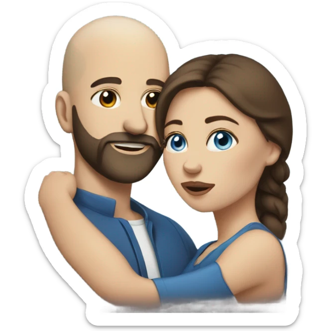 dark brown haired woman with blue eyes kissing bald man with beard sticker