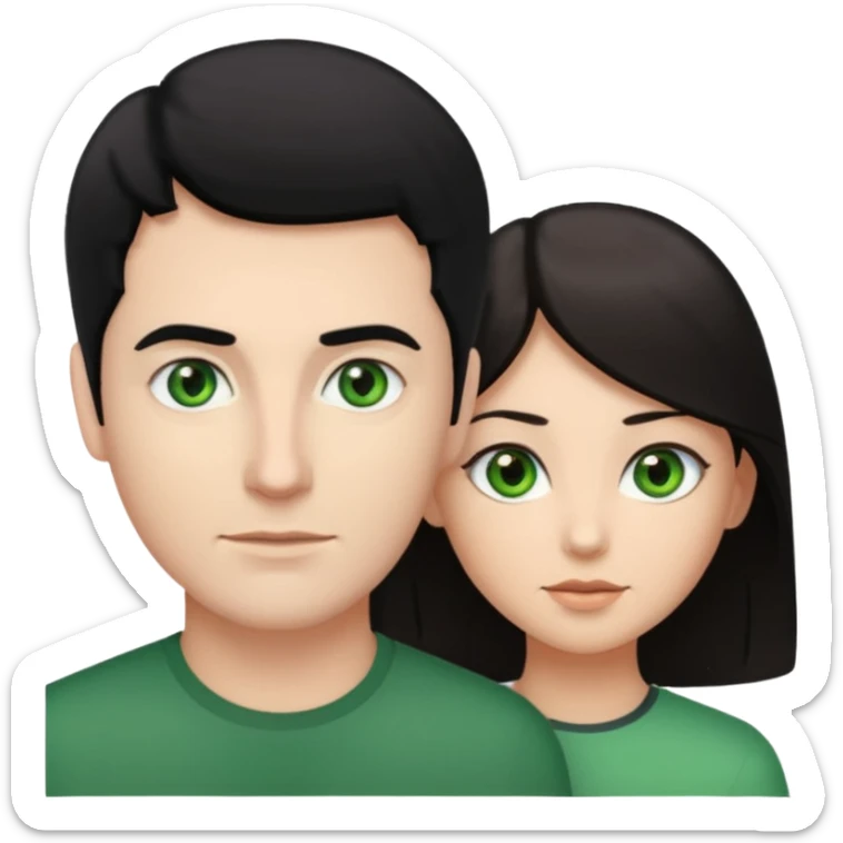White man with black hair and green eyes woman with long light brown hair and “brown eyes” sticker