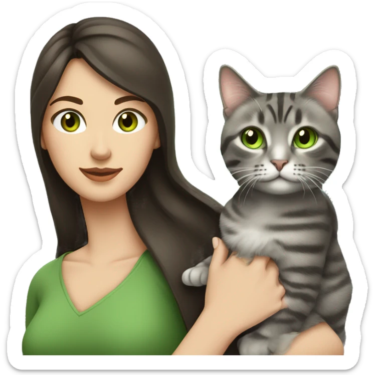 A woman with long dark brown hair and green eyes holds a gray tabby cat with green eyes in her arms sticker