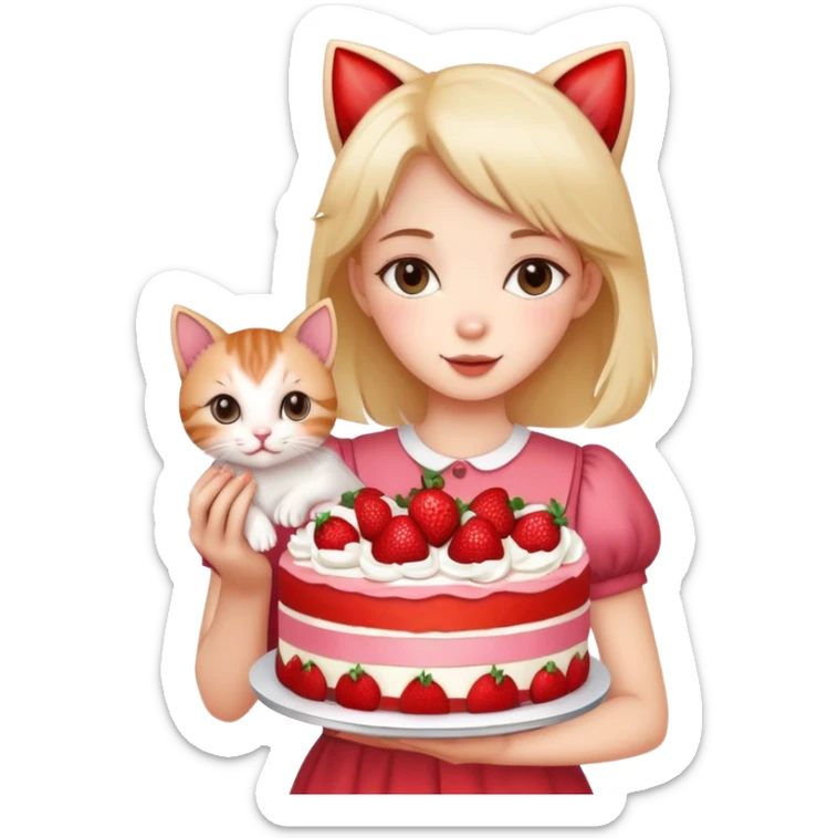 Beautiful girl holding a big strawberry cake and a kitten in her hands sticker