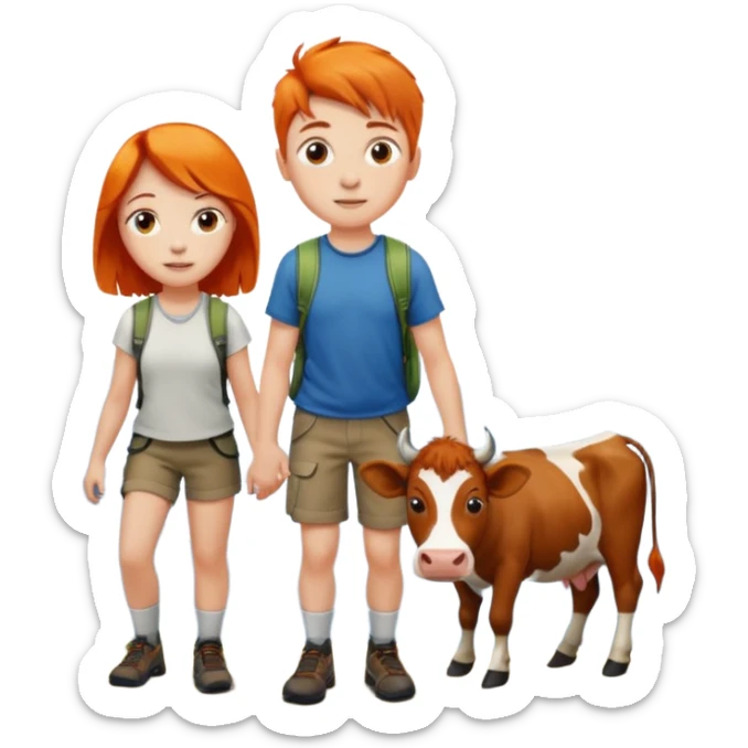 A girl with orange hair and a boy with brown hair hiking a mountain next to a cow sticker