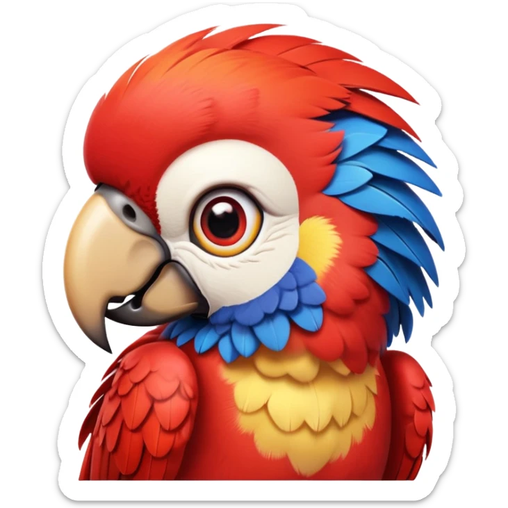 cinematic-cute-macaw-portrait-emoji,-head-tilted-playfully-and-inquisitively,-with-a-dazzling-red-plumage-and-round,-sparkling-eyes-filled-with-charm,-simplified-yet-irresistibly-adorable-features,-highly-detailed, white beak sticker