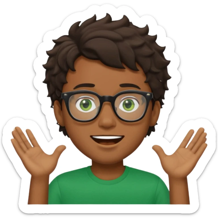 Garçon brun avec des cheveux ondulés courts, peu un peu claire, des yeux verts foncés, un t shirt noir et des lunettes rectangulaires transparentes qui est fou sticker