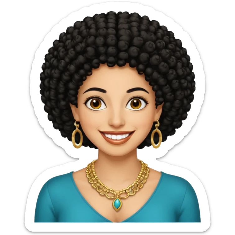 30 year old iranian woman very short curly black hair, big brown eyes, tanned skin, big smile, white teeth, pretty, afro sticker