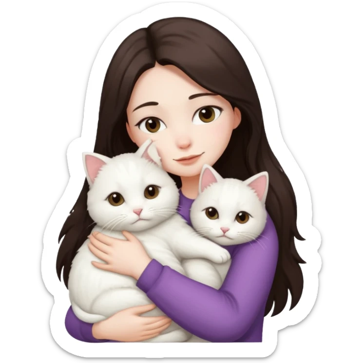 a woman with dark brown straight hair and pale skin with her white fluffy cat hugging her cat sticker