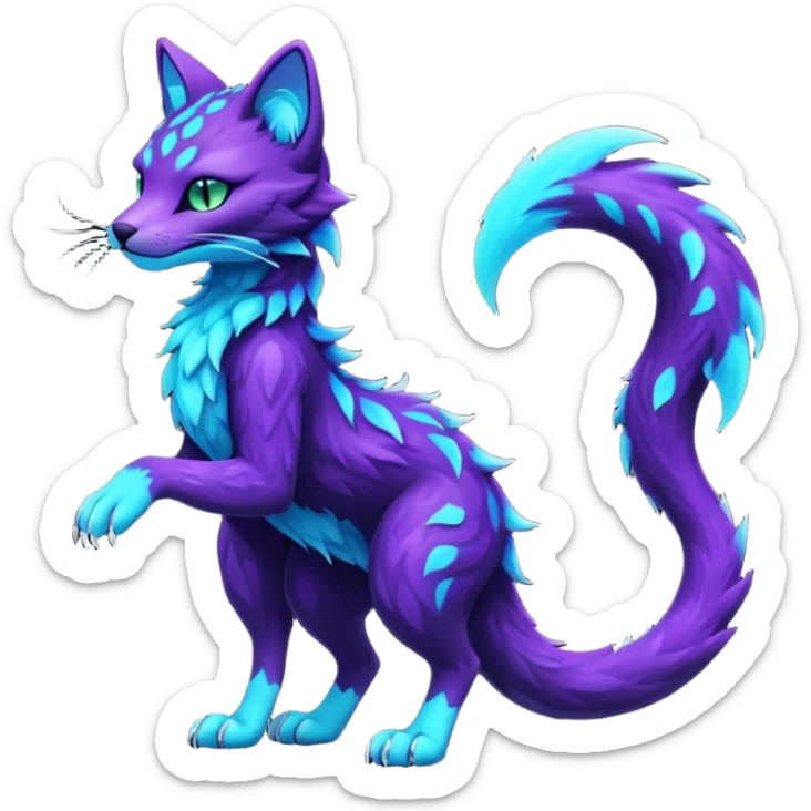 Kawaii dark edgy badass black and purple glowing neon bioluminescent fantasy feline-vernid-sergal-fursona animal creature with a tufted tail full body with intricate markings  sticker