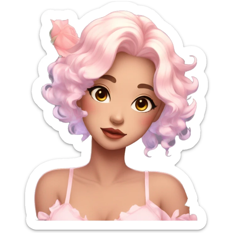 Gorgeous pastel anime style lady with blushing face and roses leaves shiny aesthetic trending style sticker