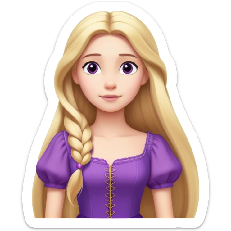 Rapunzel from hips up, purple dress, very long blonde hair, minimal style but clearly recognizable sticker