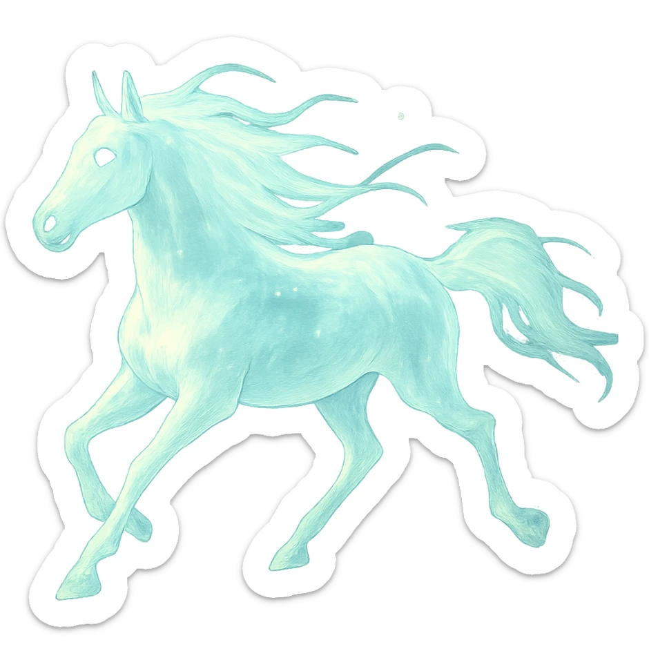 silver spirit horse running, glowing ethereal, mystical, magical, in ghibli style sticker