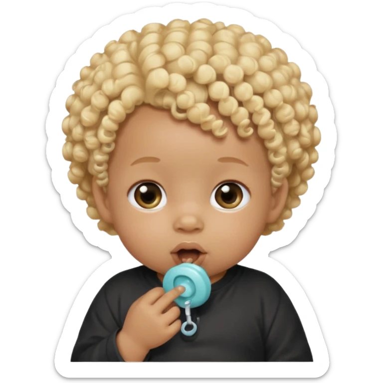 Black newborn baby, short tuft of curly blonde hair, pacifier in mouth sticker