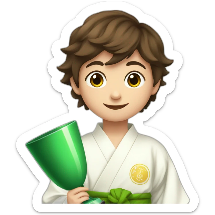 a 12-year-old boy with brown hair in a white kimono with a green belt holds a prize cup with two hands sticker