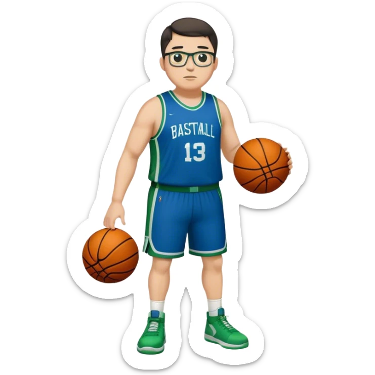 Full Body plus size tall white male with dark short hair basketball player wearing glasses wearing blue  with green uniform sticker