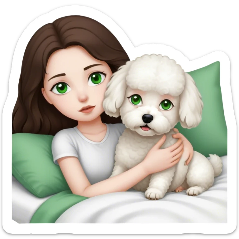 Brunette Long hair girl with green eyes sick in bed by herself with single white bichon frise dog sticker