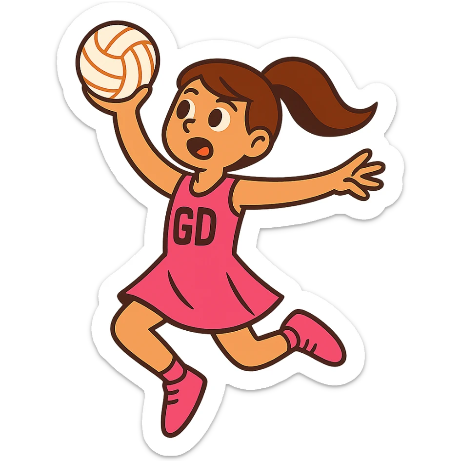 girl with brown hair in a pink netball dress, mid-air, shooting a netball, action pose, no background sticker