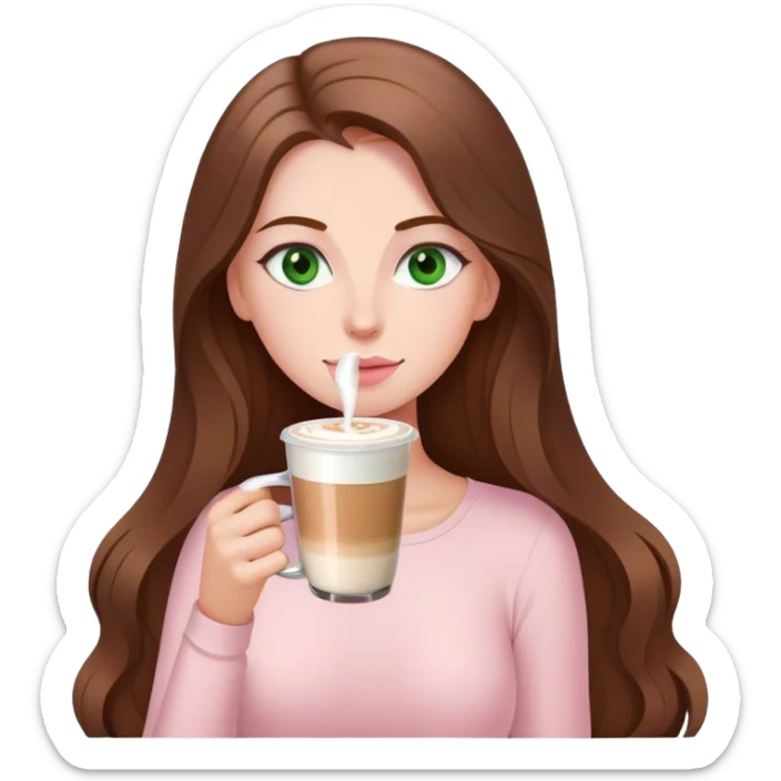pretty woman with very long brown hair and green eyes and light pink outfit drinking a latte sticker