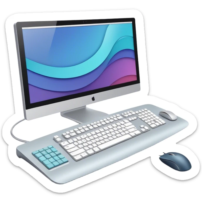 Create an emoji for UX/UI design. Large curved monitor, displaying UX/UI design interface. Include a mouse, keyboard, and stylus, symbolizing the design process. Use modern, professional colors. Do not include any emojis or smiley faces. Make the background transparent. sticker
