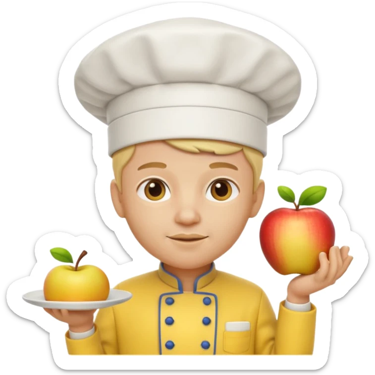 3D cartoon-style chef in the Apple emoji style, wearing a bright yellow chef uniform with hat sticker