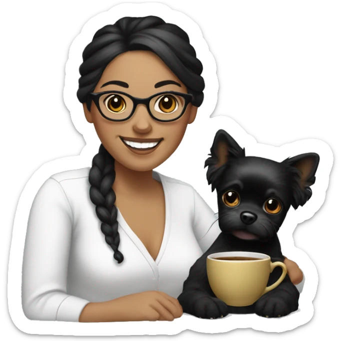 woman-black hair-bun-with glasses-with black teacup dog-white-smile sticker