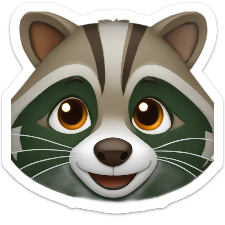 brown raccoon with orange eyes and a dark green hood that is smiling sticker