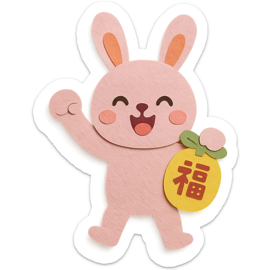 full-body pink bunny holding a lucky charm and pumping fist, paper-craft style sticker