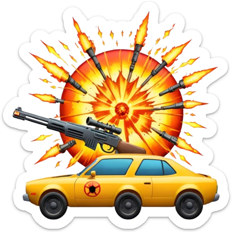 Icon for Action Movies: Close-up collage with dynamic explosions, guns, cars and heroic figures. Include iconic weapons, dramatic lighting and high-energy scenes that capture the essence of action films. Vibrant colors and intense motion. Transparent background. sticker