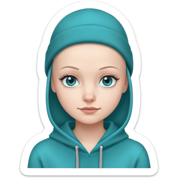 girl with no hair wearing a black beanie  and a teal hoodie. she has blue eyes, long lashes and is smirking sticker