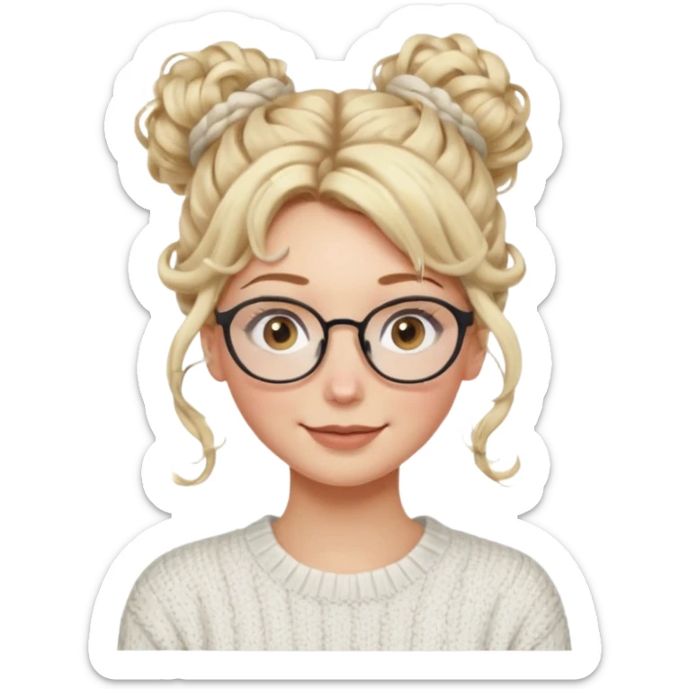 blonde hazel eyes woman with a white cable knit sweater and clear glasses on her head and a curly messy bun with tendrils of hair flowing down her face and she is happy pale, some freckles, blush. she has a cateye wing and long lashes sticker
