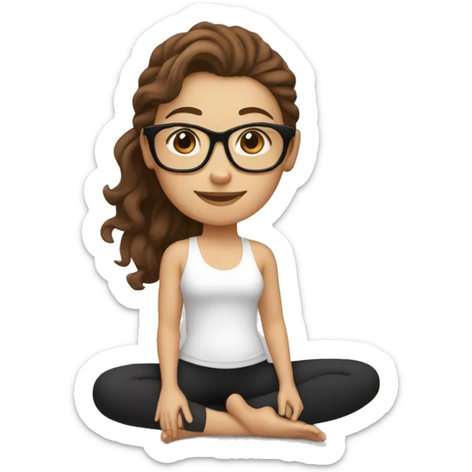 White girl with wavy brown hair, brown eyes and black glasses doing yoga sticker