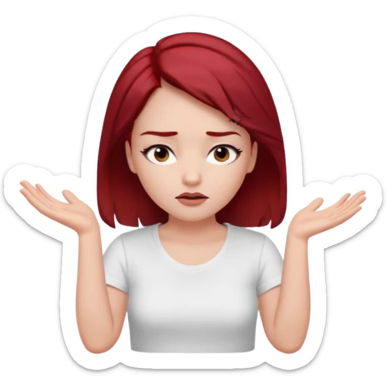 younger woman shrugging, eyes closed, white t-shirt, dark red hair, black eyebrows sticker