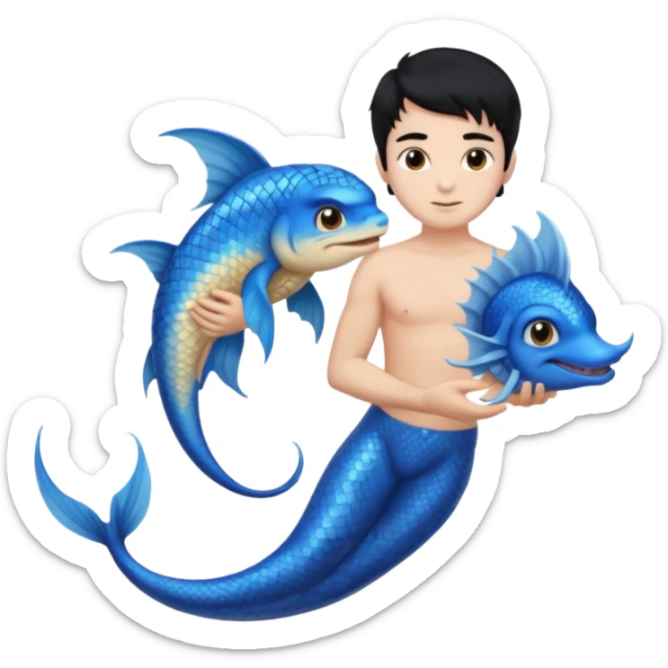 boy, black hair, brown eyes, white skin, Triton, with Triton in hand, blue Triton tail and blue triton ears sticker